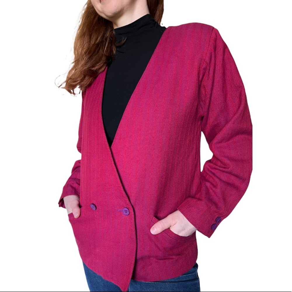Vintage Pink Pinstripe Blazer Medium Lee Wright  collarless stripe jacket